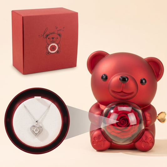 El regalo perfecto para tu pareja - Oso con rosa eterna y collar de oro™