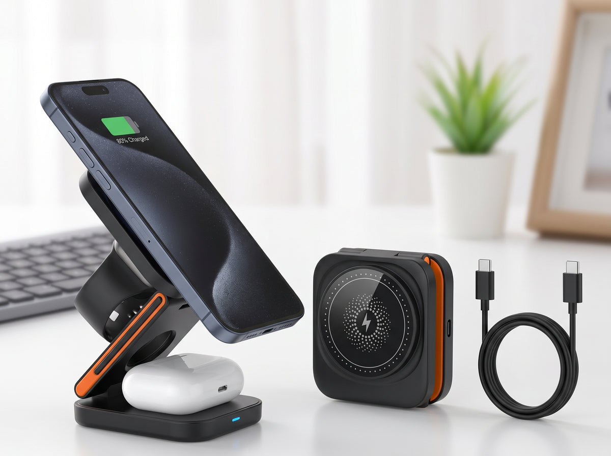 Cargador Inalámbrico Portátil 3 en 1 para Móvil, Reloj y Auriculares